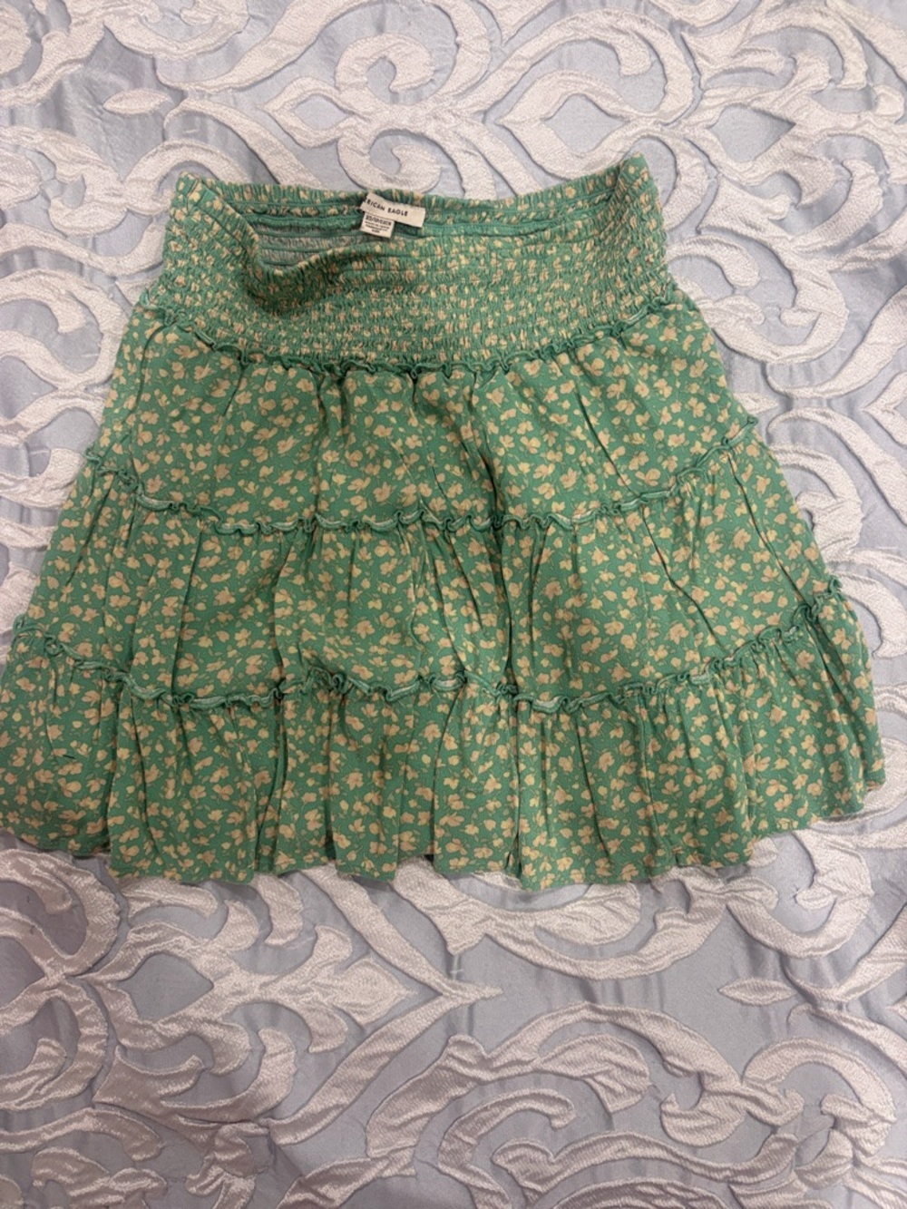 American Eagle Outfitters Green Floral Tiered Smocked Skirt